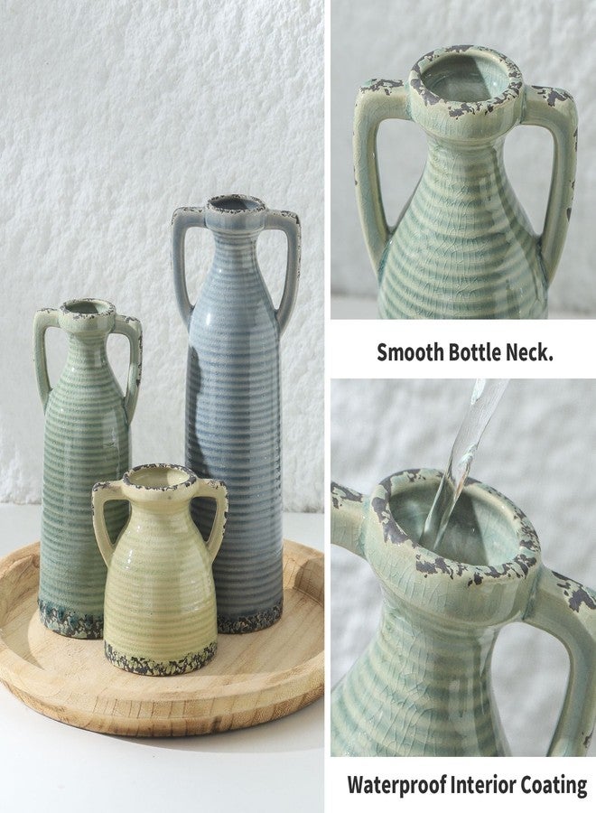 Lyeec Ceramic Vase Set of 3 with Handles - Farmhouse Vase Set for Modern Decoration, Rustic Crackle Round Vases for Home Decor, Dining Table, Living Room, Kitchen, Office, Shelf - Multicolor - Image 3